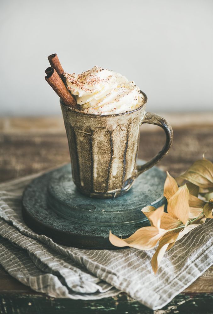 Mug of warm drink topped with whipped cream and cinnamon sticks, on light background, copy space