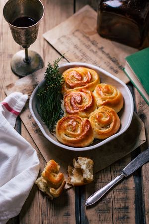 Wine near pastry and herbs