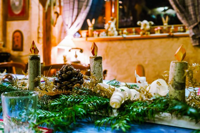 Christmas table decoration in old vintage house