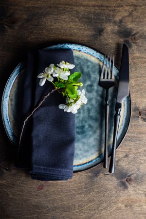 Spring table setting with delicate flower on navy napkin