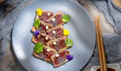 Tasty tuna tataki decorated with green and seeds