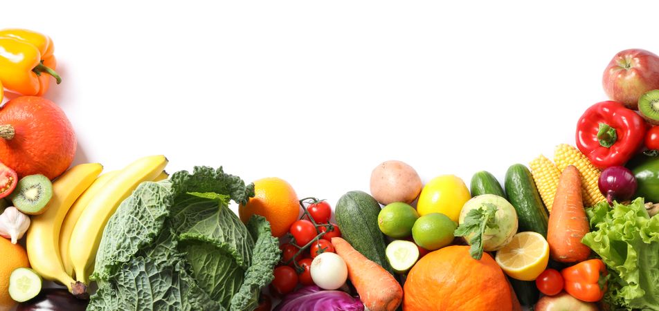 Composition with ripe vegetables and fruits isolated. Top view