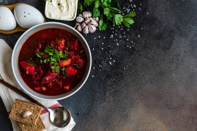 Ukrainian beetroot soup borscht on grey table with copy space