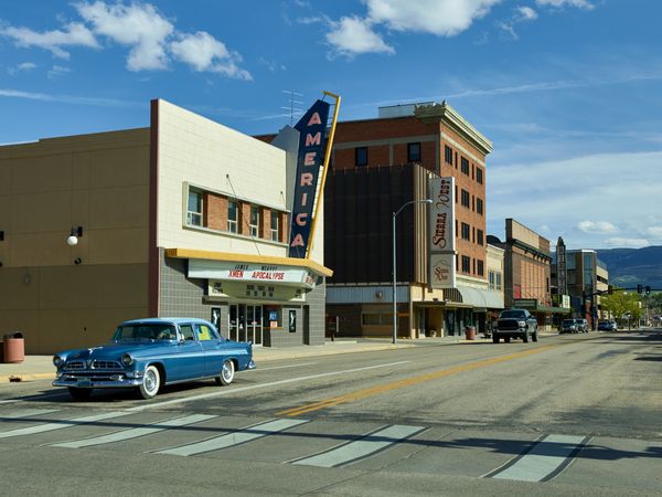 1950s vintage car driving downtown Casper, Wyoming