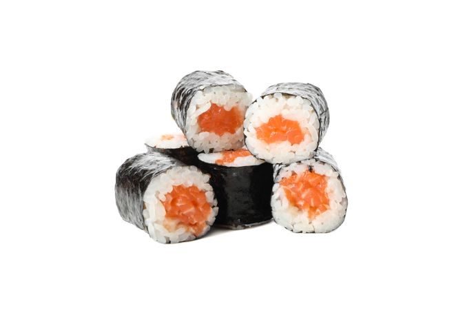 Japanese food. Delicious sushi rolls isolated on light background