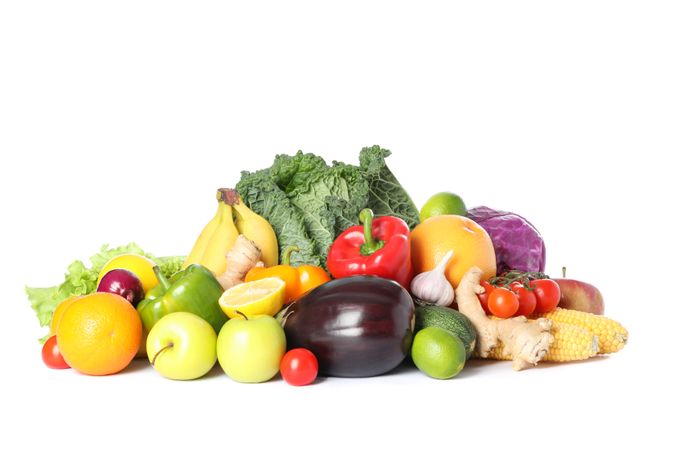 Composition with fresh vegetables and fruits isolated on blank background