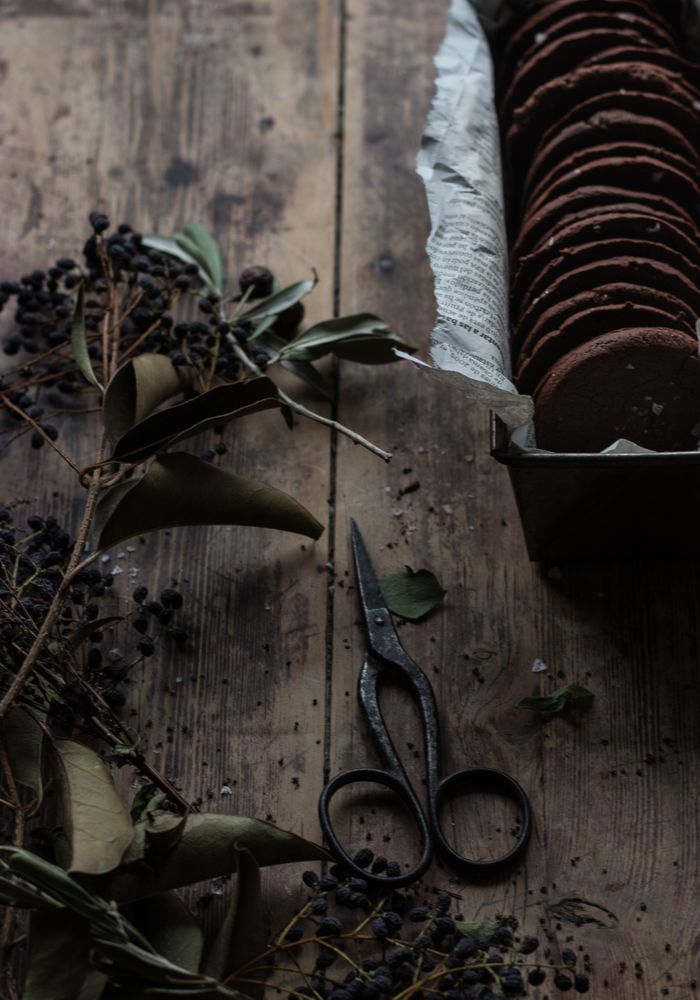 Dry herbs and scissors near chocolate cookies