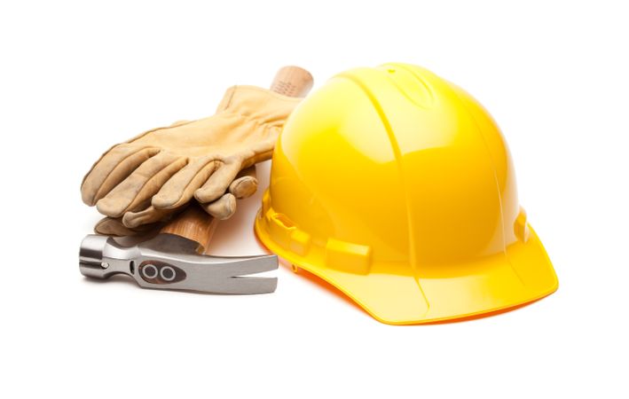 Yellow Hard Hat, Gloves and Hammer