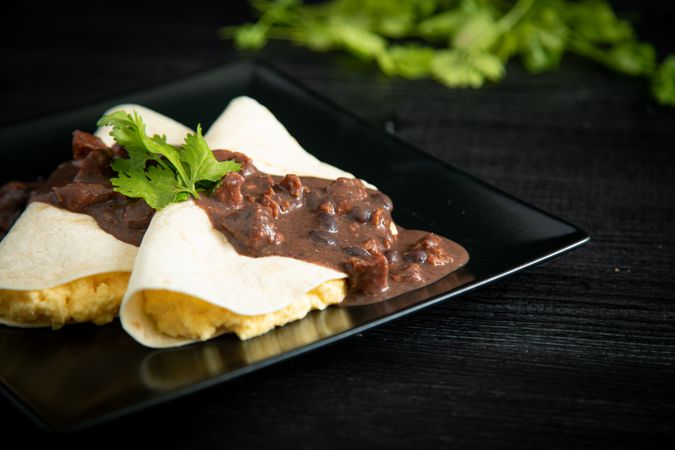 Veracruz eggs wrapped in tortillas decorated with sauce