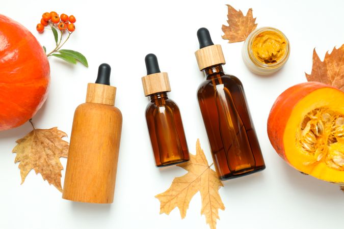 Concept of different cosmetic products, Pumpkin cosmetics, top view
