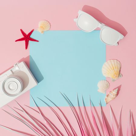 Beach accessories and palm leaves on pastel pink and blue background