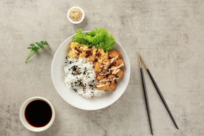 Rice Bowl with Chicken Popcorn and Scrambled Eggs