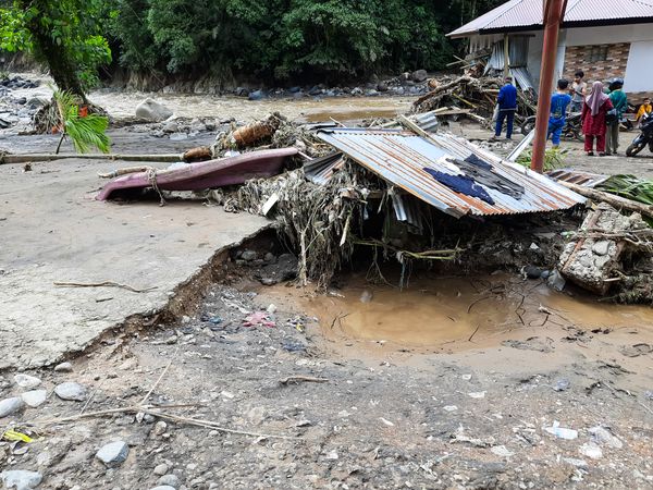 Tanah Datar, Indonesia - May 12, 2024: condition of the Mega Mendung water park which was affected by cold lava flash floods, natural disasters in Lembah Anai, Sepuluh Koto District, Tanah Datar Regency, West Sumatra, Indonesia