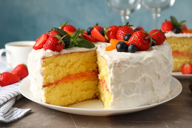 Composition with delicious berry cream cake. Tasty dessert