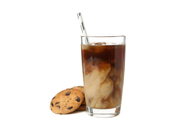 Glass of ice coffee isolated on plain background