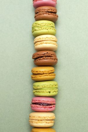 Line of pastel colorful macaroons over a green background