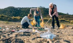 Mature volunteers cleaning the beach