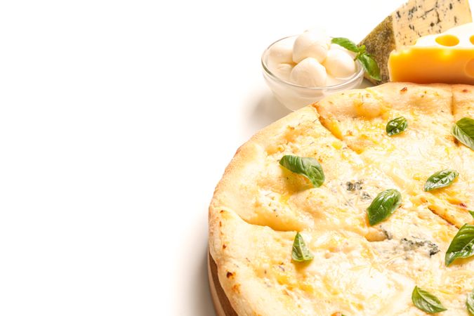 Cheese pizza and ingredients isolated on plain background, close up