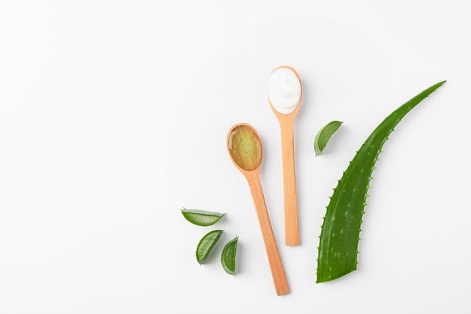 Flat lay composition with natural treatment accessories on plain background, space for text. Aloe vera