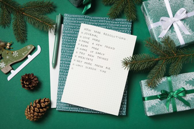 Concept of New Year Resolutions list, new year goals, top view