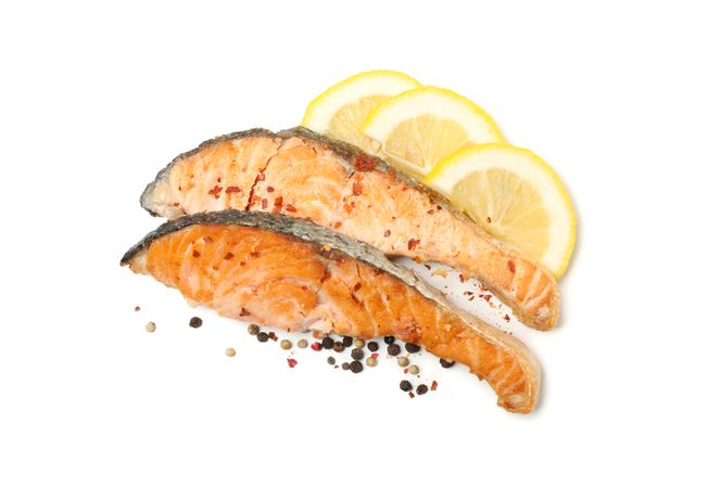 Tasty grilled salmon isolated on blank background