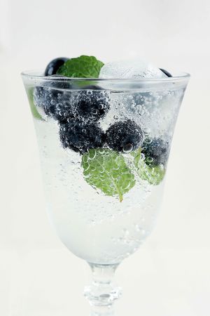 Side view of fresh carbonated drink with blueberries and mint garnish