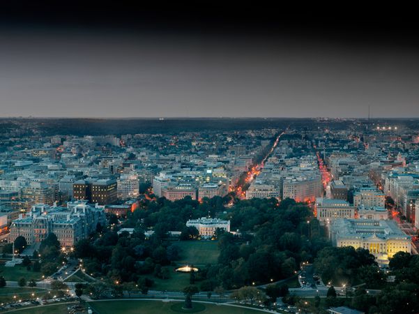 Aerial dusk view of Washington, D.C.