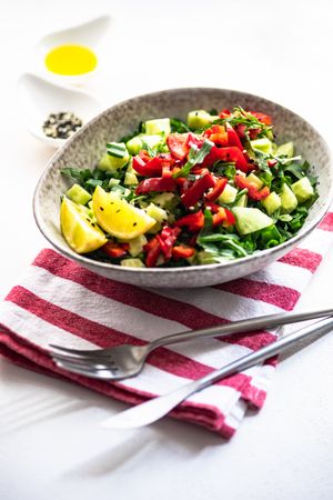 Big grey bowl of healthy salad