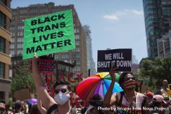 Person holding banner with text  "Black Trans Lives Matter" during Queer Liberation March in New York City 4jAzJ5