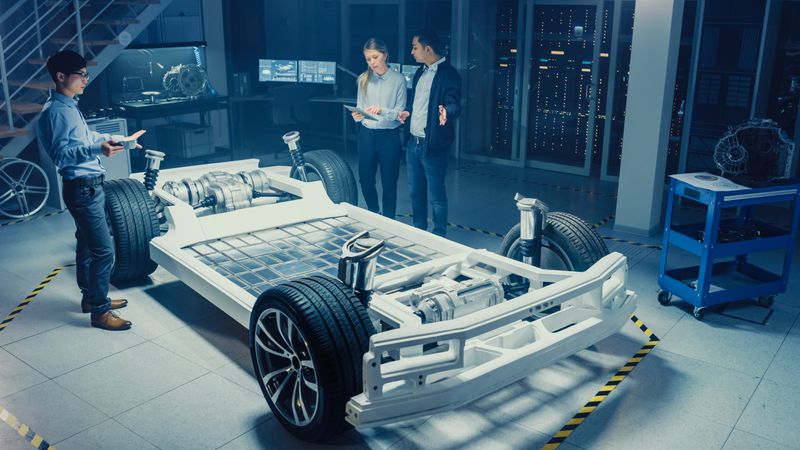 High Angle Shot of a Development Laboratory Room with Diverse Professional Team of Engineers and Scientists Working on a Electric Car Chassis with Wheels, Batteries, Engine and Suspension.