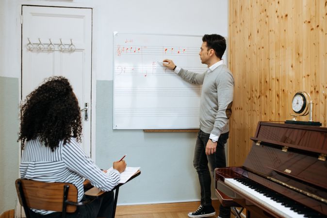 Man teaching woman music notes