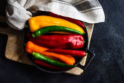 Top view of fresh raw bell peppers in a pan