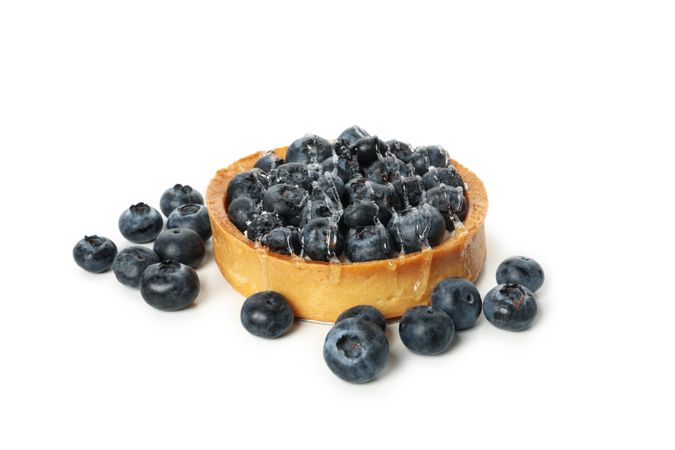 Tasty blueberry pie isolated on light background