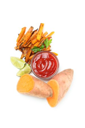 Fried sweet potato, isolated on light background