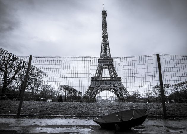 Eiffel tower and umbrella on a rainy day