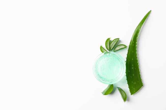 Composition with natural treatment accessories on plain background, top view and space for text. Aloe vera