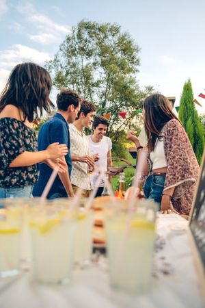 Group of friends talking at a summer barbecue