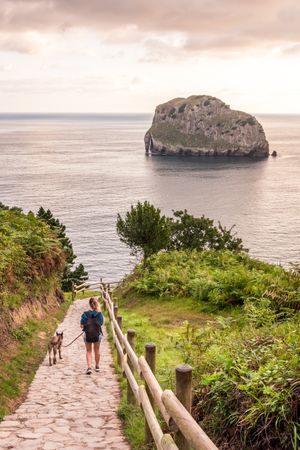 Female hiker with dog walking on seaside