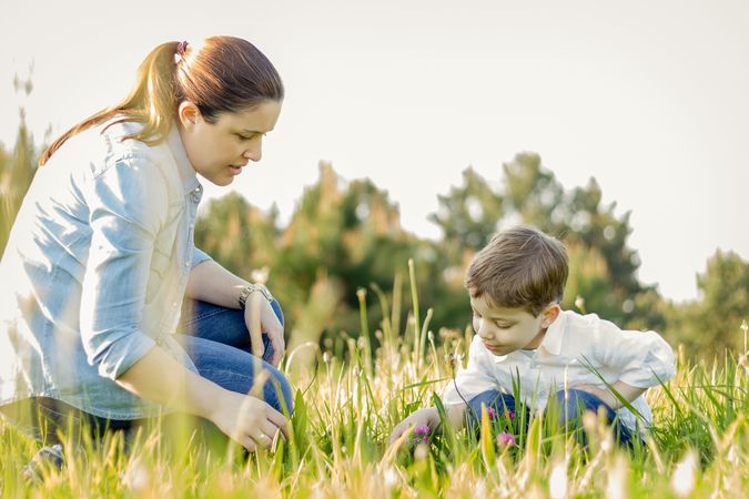 Pregnant mother and son picking flowers in a field