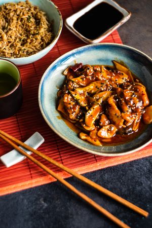 Bowl of Chinese sweet and sour pork served with rice