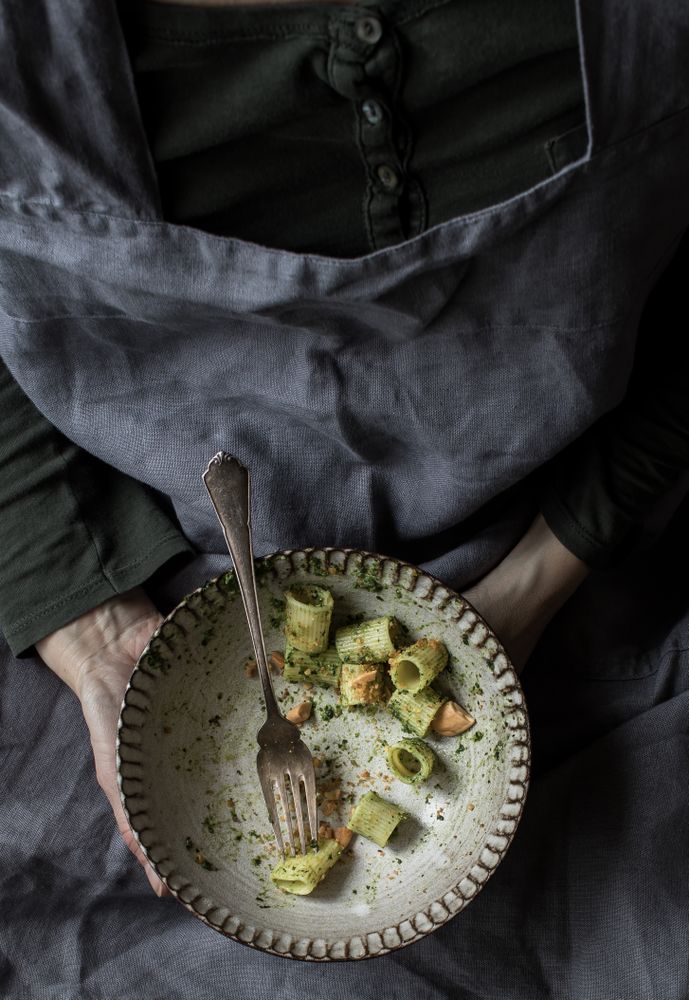 Pasta paccheri with kale pesto and nuts