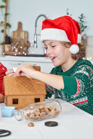 Cheerful boy applying icing on gingerbread house