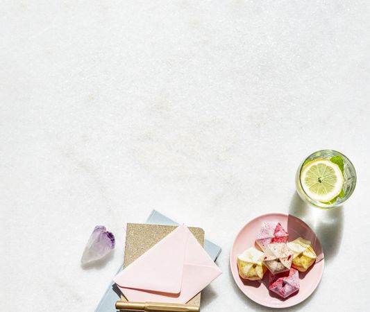 Meringue kisses flat lay notebooks and drink