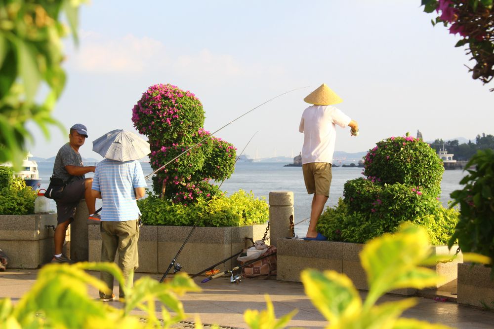 Three men fishing by shoreline