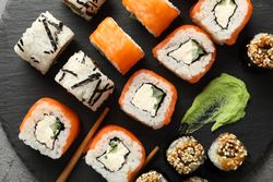 Delicious sushi rolls, top view. Japanese food
