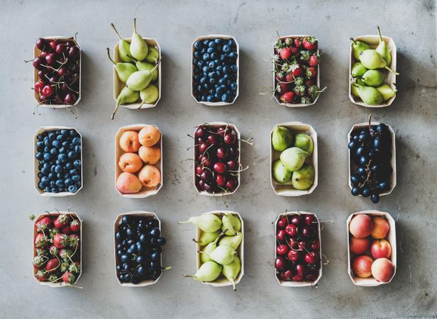 Rows of fresh fruit in eco-friendly boxed