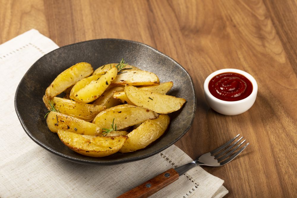 Roasted potatoes with rosemary on the plate.