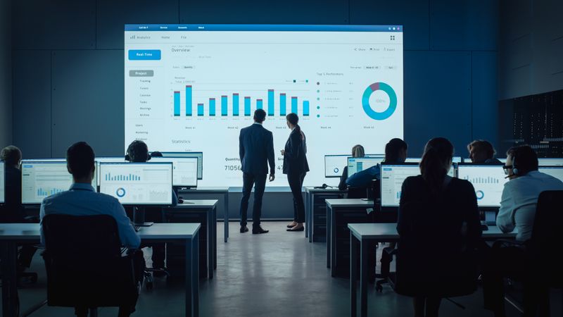Analysts Study Project Metrics on Giant Screen in Dark Office. Team at Workstations Examines Data.