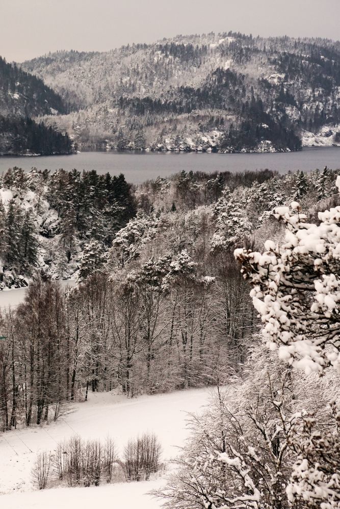 Snowy peaceful mountain valley at shore