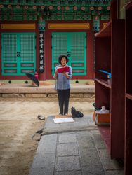 Busan, South Korea - August, 05 2017: Asian woman reading book on street